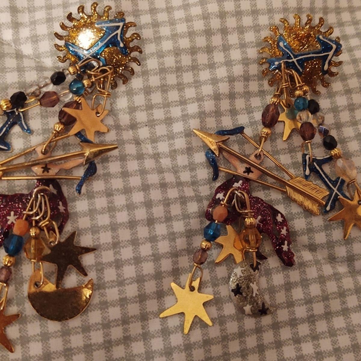 Simply Fabulous! Vintage LUNCH AT THE RITZ Designer Signed Enamel Multi Charm Zodiac Dangle Earrings. These Hand-crafted earrings epitomize vintage charm and great personality! Measuring approx. 2.75