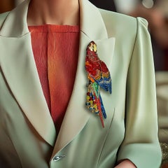 Vintage Lunch at the Ritz Red Macaw Parrot Brooch Moveable Enamel Statement Pin
