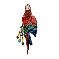 Vintage Lunch at The Ritz Red Macaw Parrot Brooch Moveable Enamel Statement Pin