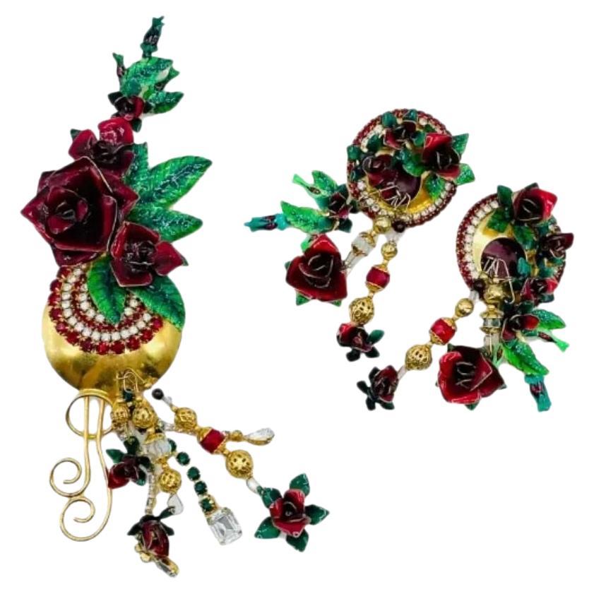 Vintage Lunch At the Ritz Red Roses Rose Earrings and Brooch/Pendant Set For Sale