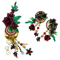 Vintage Lunch At the Ritz Red Roses Rose Earrings and Brooch/Pendant Set