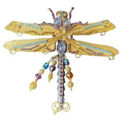 Vintage Lunch at The Ritz Signed Golden Bejeweled Dragonfly Brooch Pin Pendant
