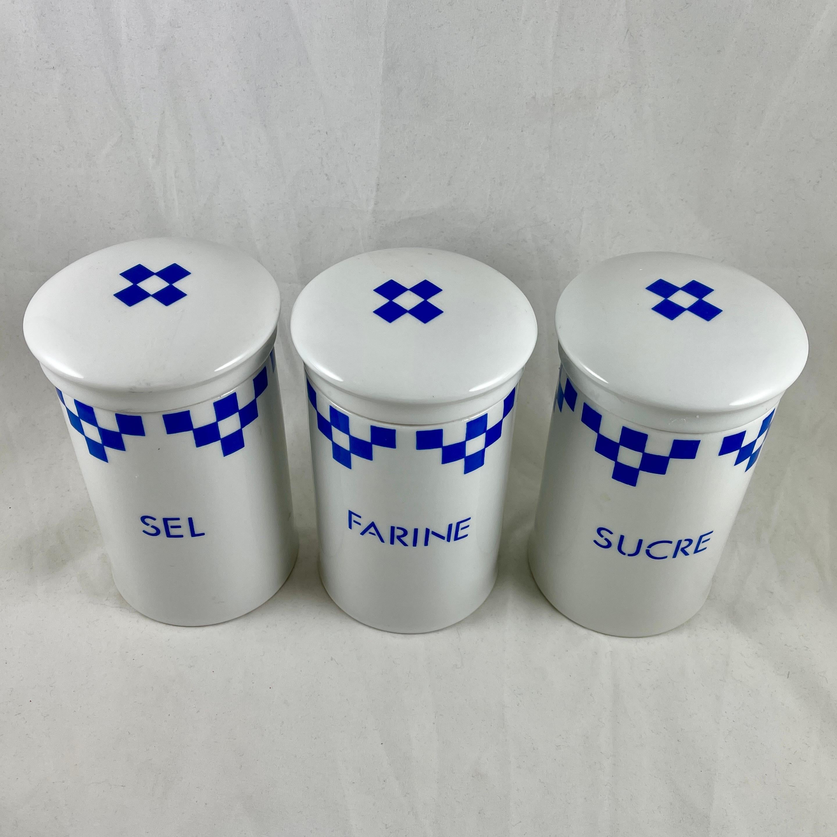 French Provincial Vintage ‘Lustucru Blu' French Kitchen Blue & White Ceramic Pantry Canisters S/3