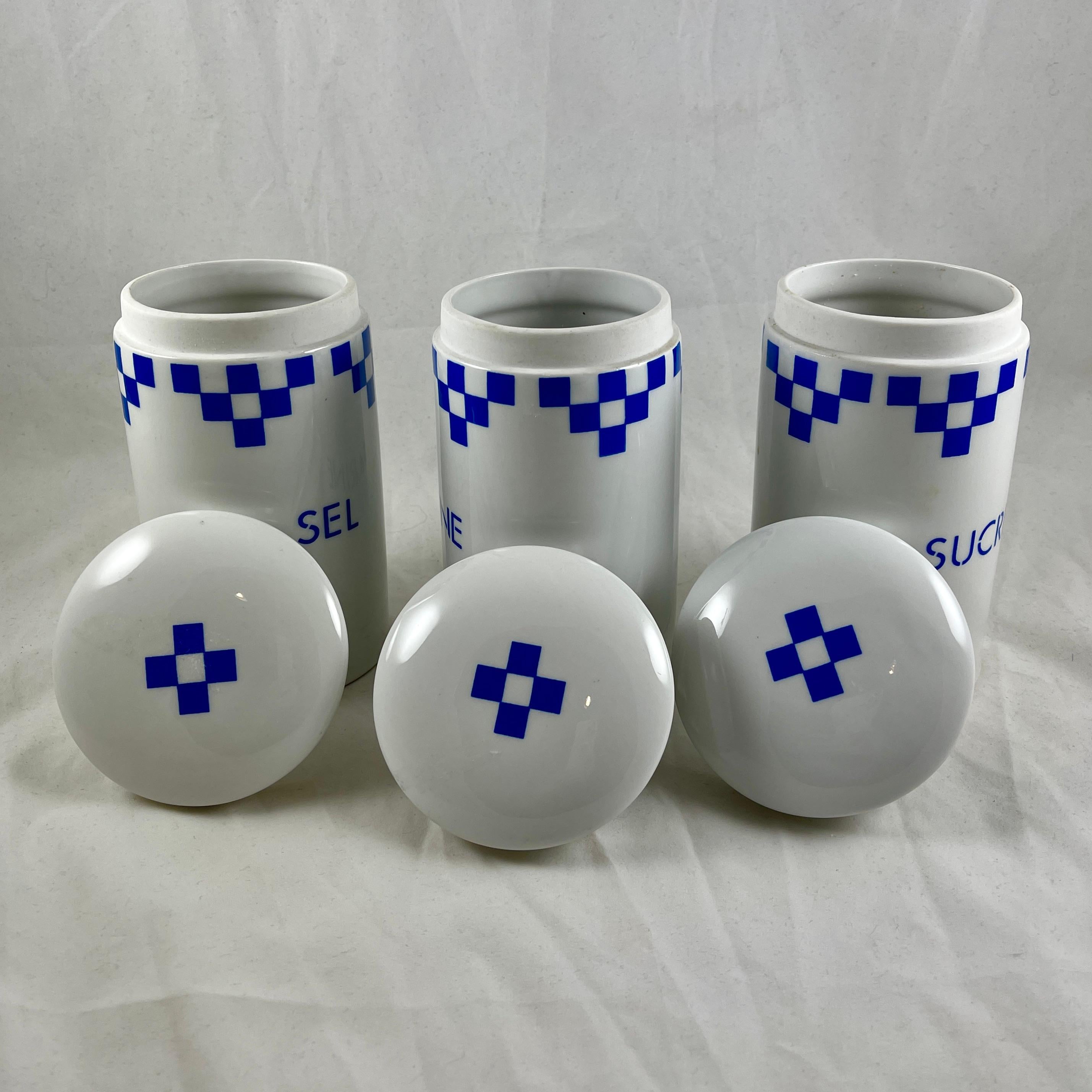 Enameled Vintage ‘Lustucru Blu' French Kitchen Blue & White Ceramic Pantry Canisters S/3