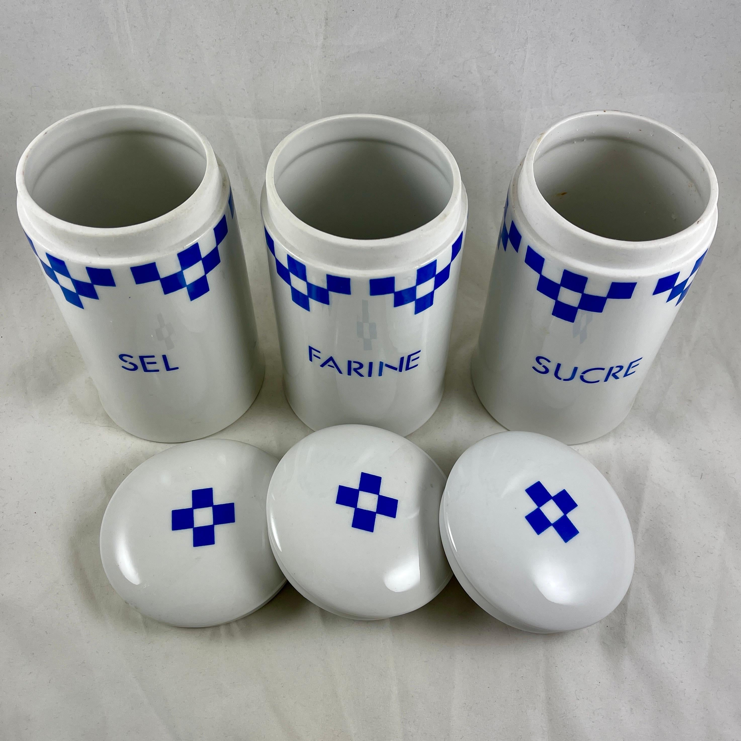 Vintage ‘Lustucru Blu' French Kitchen Blue & White Ceramic Pantry Canisters S/3 In Good Condition In Philadelphia, PA