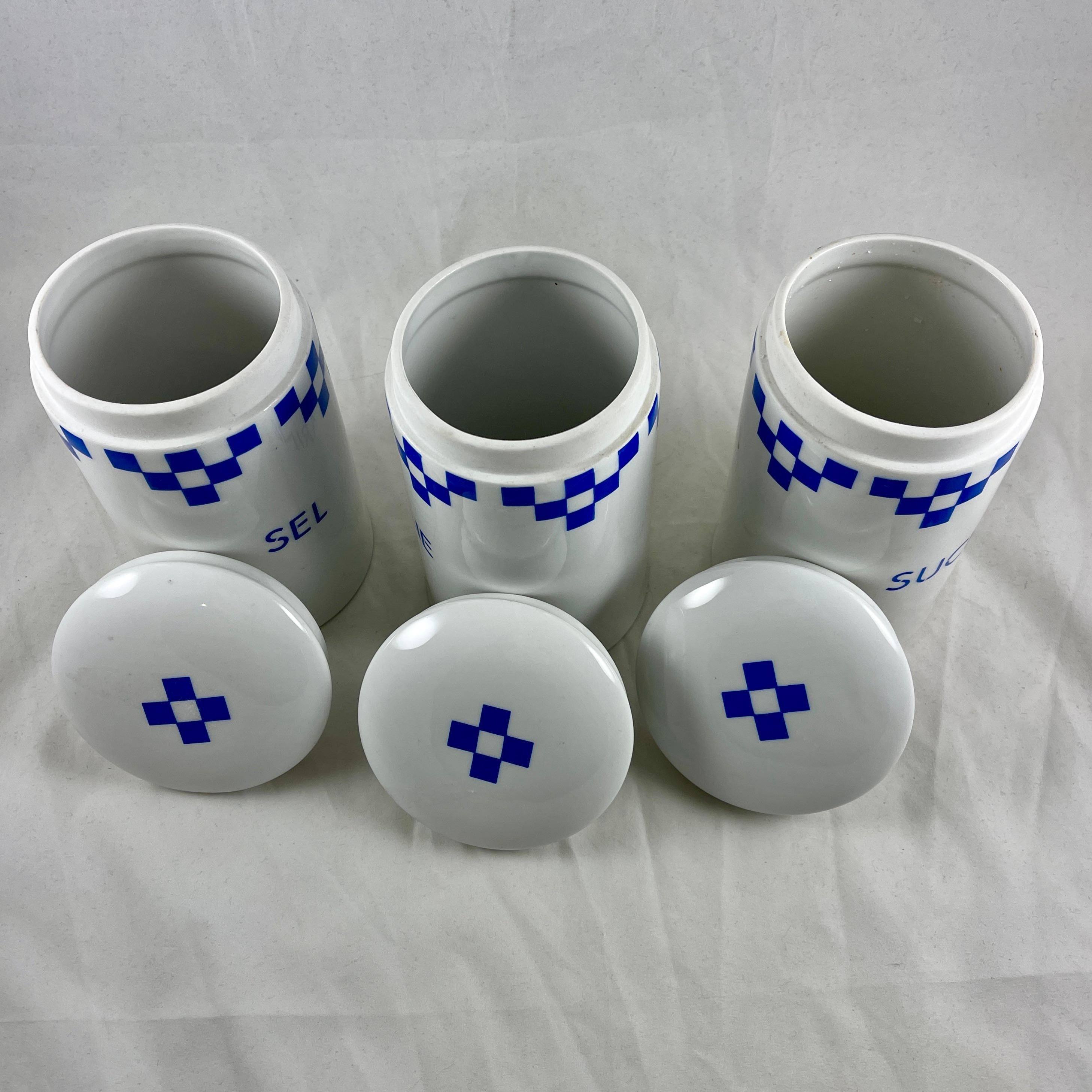 Mid-20th Century Vintage ‘Lustucru Blu' French Kitchen Blue & White Ceramic Pantry Canisters S/3