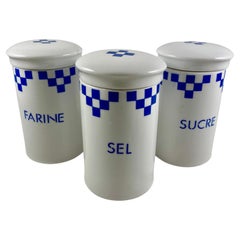 Retro ‘Lustucru Blu' French Kitchen Blue & White Ceramic Pantry Canisters S/3