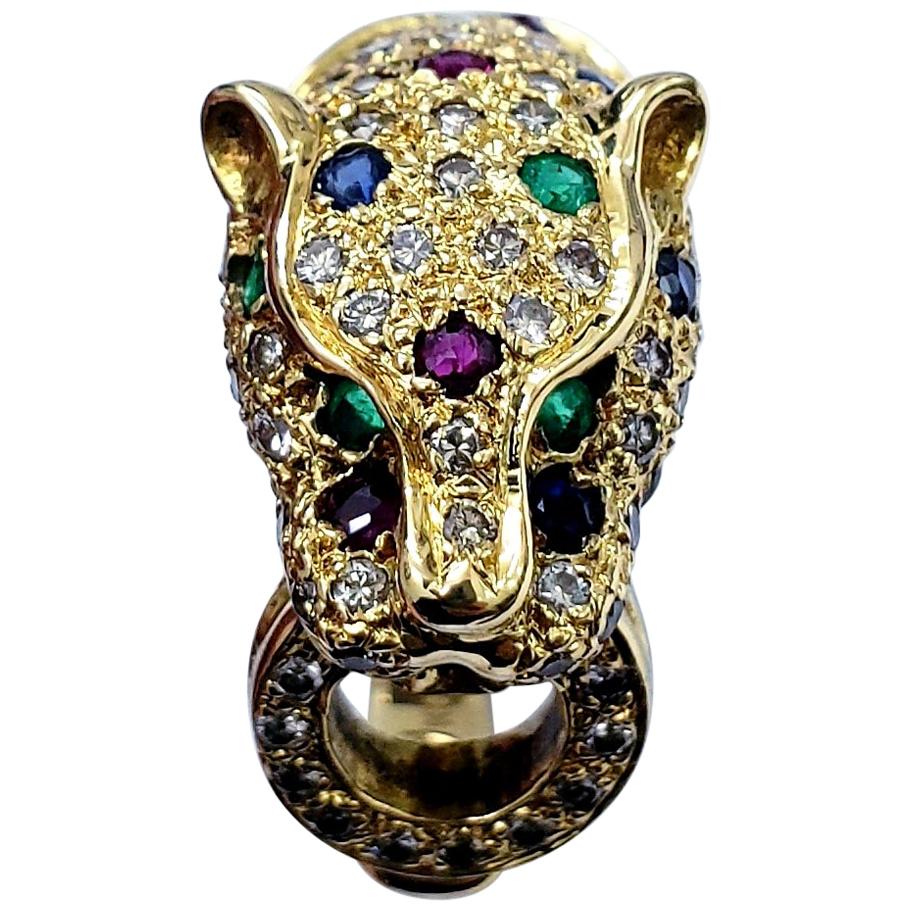 Vintage Luxury Panther Ring with 1.24 Carat Rubys, Emeralds Sapphires & Diamonds