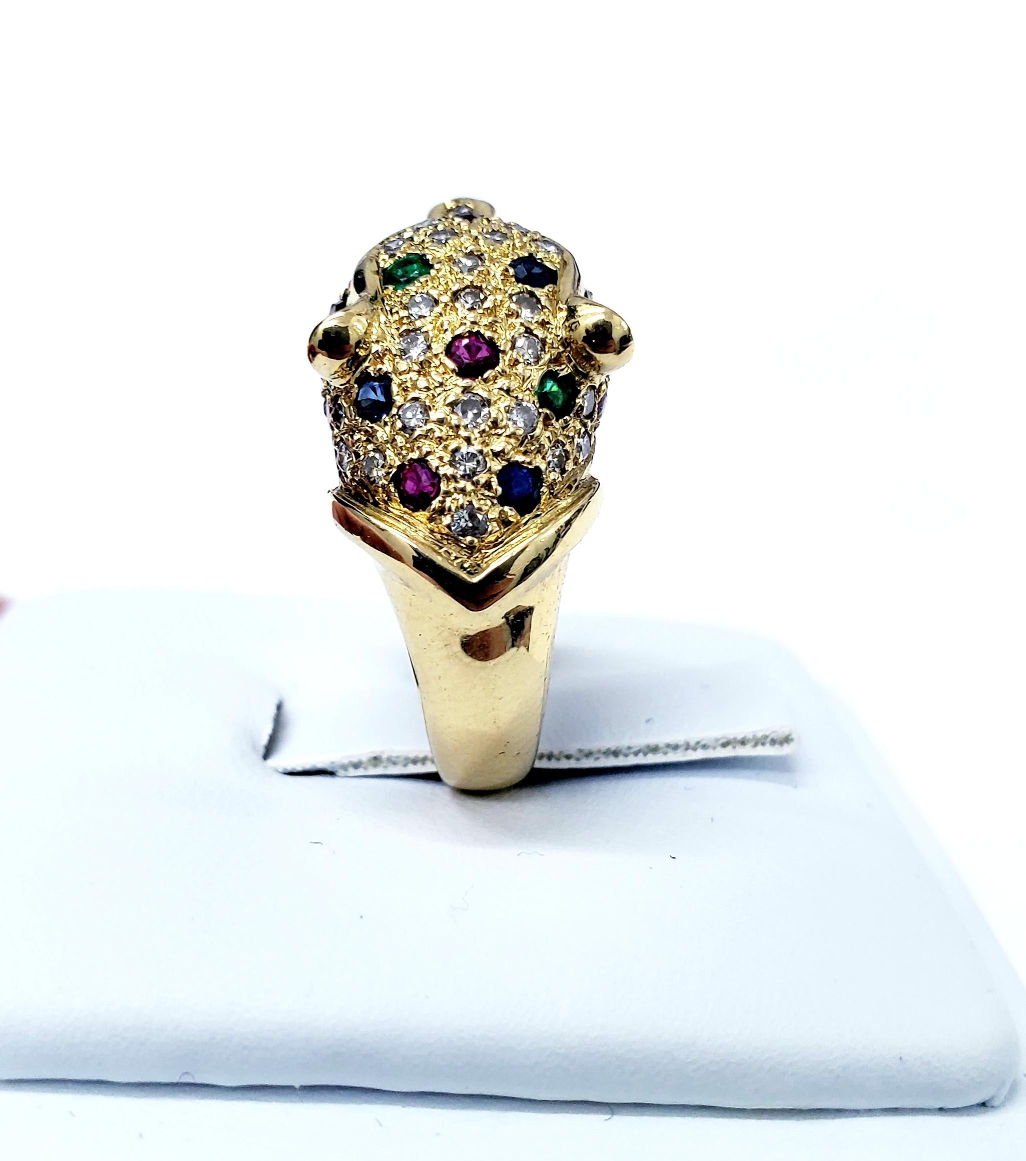 Artisan Vintage Luxury Panther Ring with 1.24 Carat Rubys, Emeralds Sapphires & Diamonds For Sale