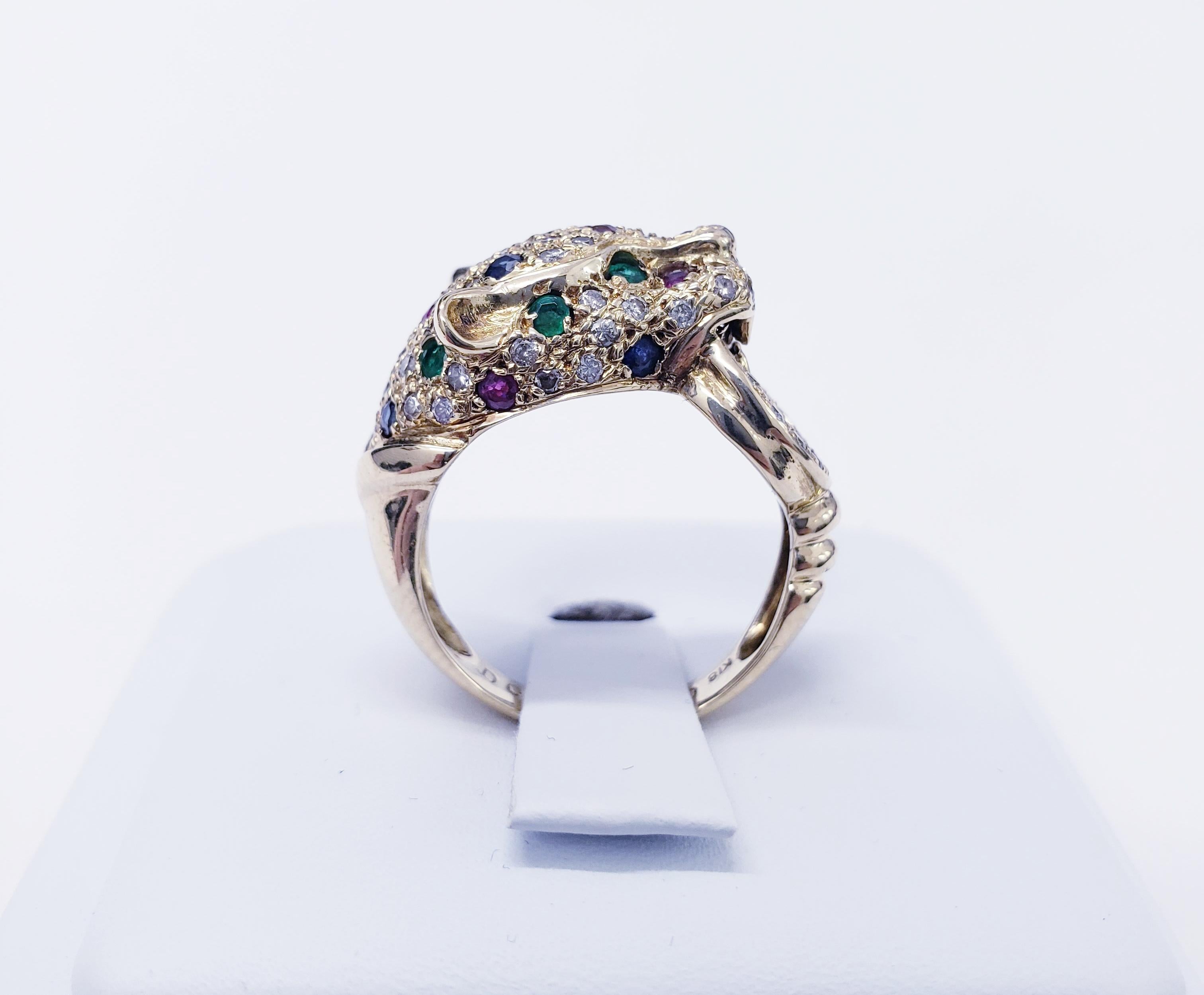 Round Cut Vintage Luxury Panther Ring with 1.24 Carat Rubys, Emeralds Sapphires & Diamonds For Sale
