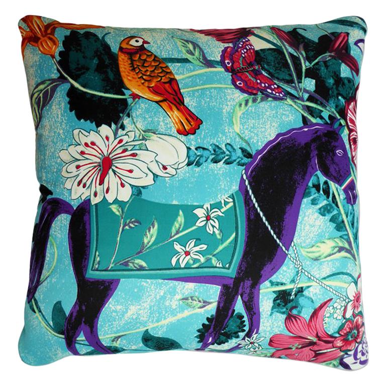 Vintage Luxury Silk Cushion "Equus Blue" Bespoke pillow - Made in London