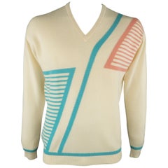 Vintage LYLE & SCOTT Size XL Beige Cashmere Teal & Pink Pattern Pullover Sweater