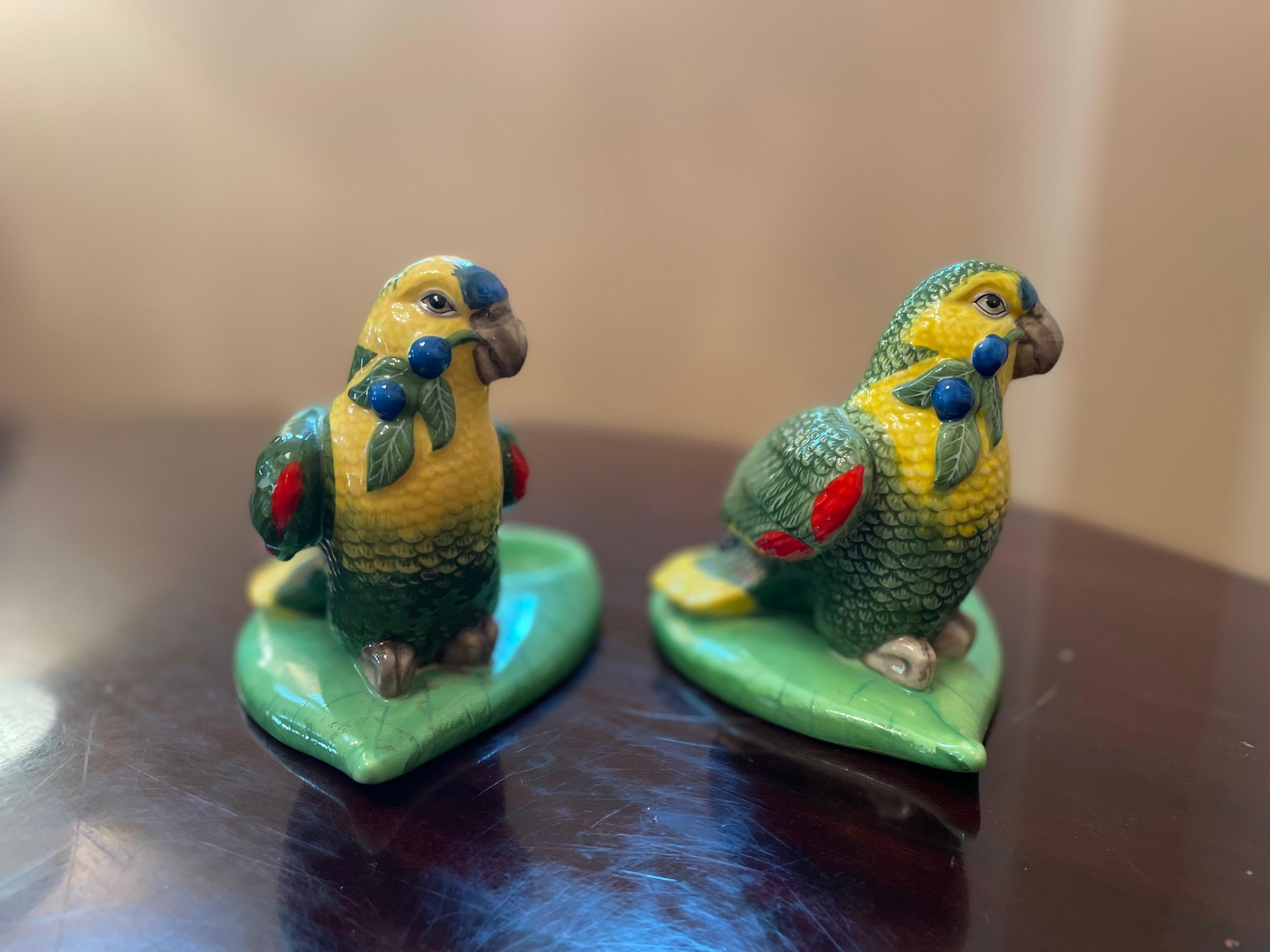 Hand-Painted Vintage Lynn Chase 'Parrots' Ceramic Candle Holders - A Pair For Sale