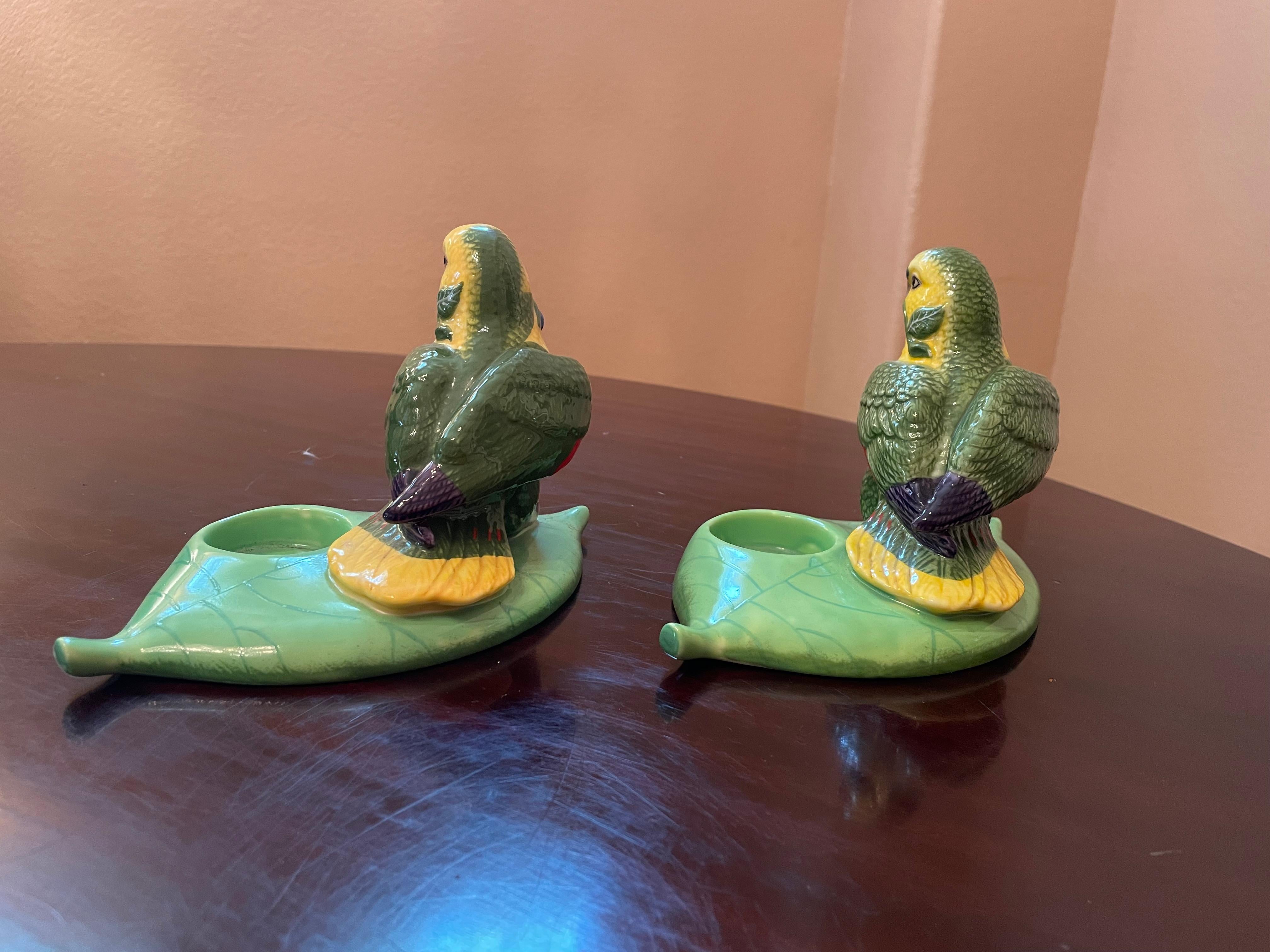 Vintage Lynn Chase 'Parrots' Ceramic Candle Holders - A Pair In Excellent Condition For Sale In Austin, TX