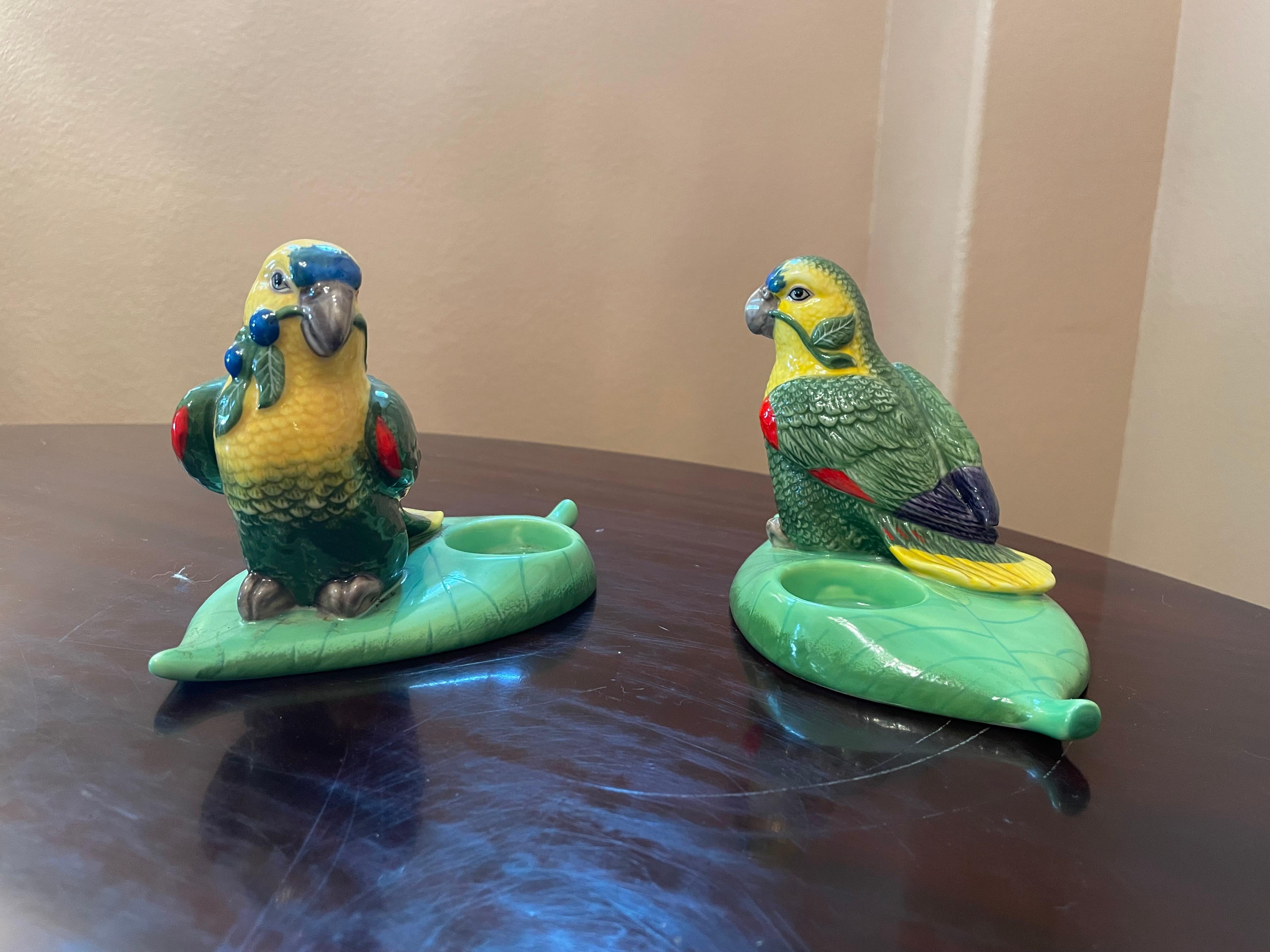 Contemporary Vintage Lynn Chase 'Parrots' Ceramic Candle Holders - A Pair For Sale