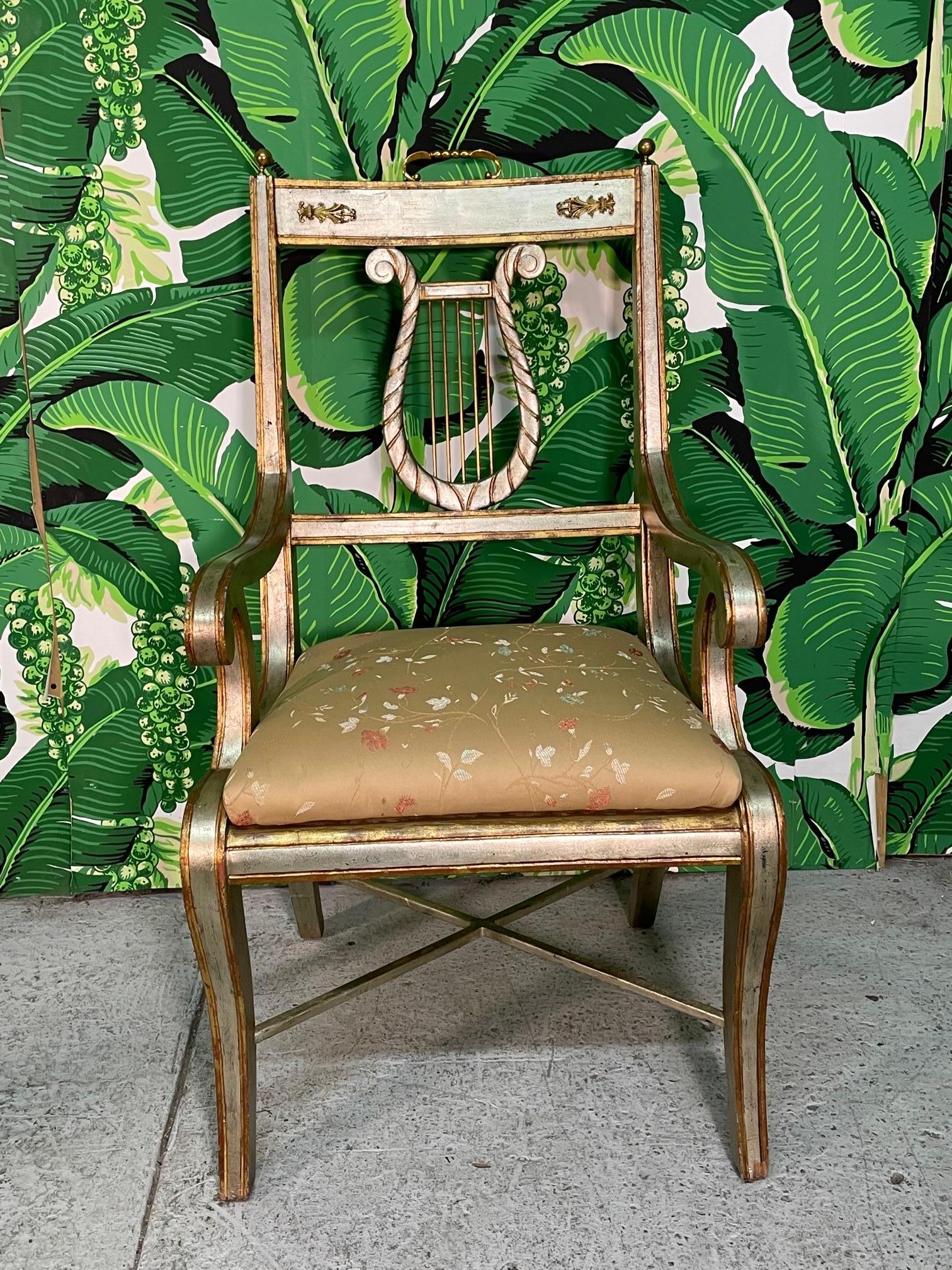Hollywood Regency Vintage Lyre Back Dining Arm Chairs, Set of 6 For Sale