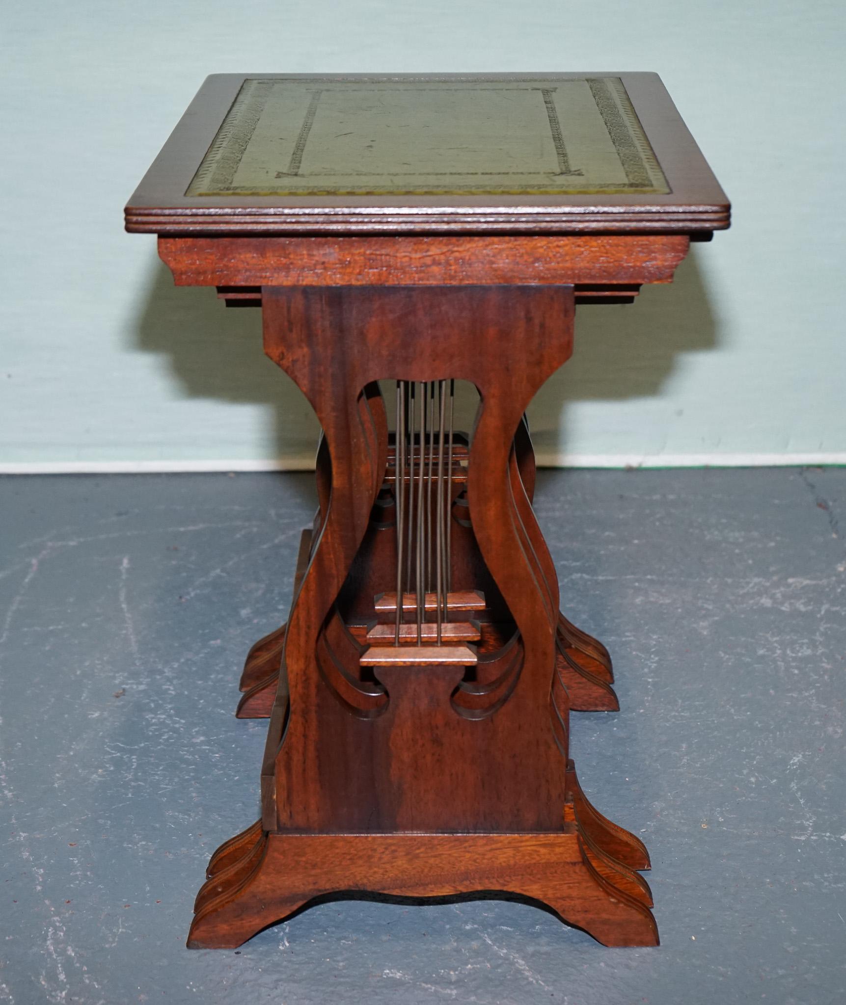 VINTAGE LYRE BASE GREEN LEATHER TOP NEST OF TABLES SiDE TABLES For Sale 3