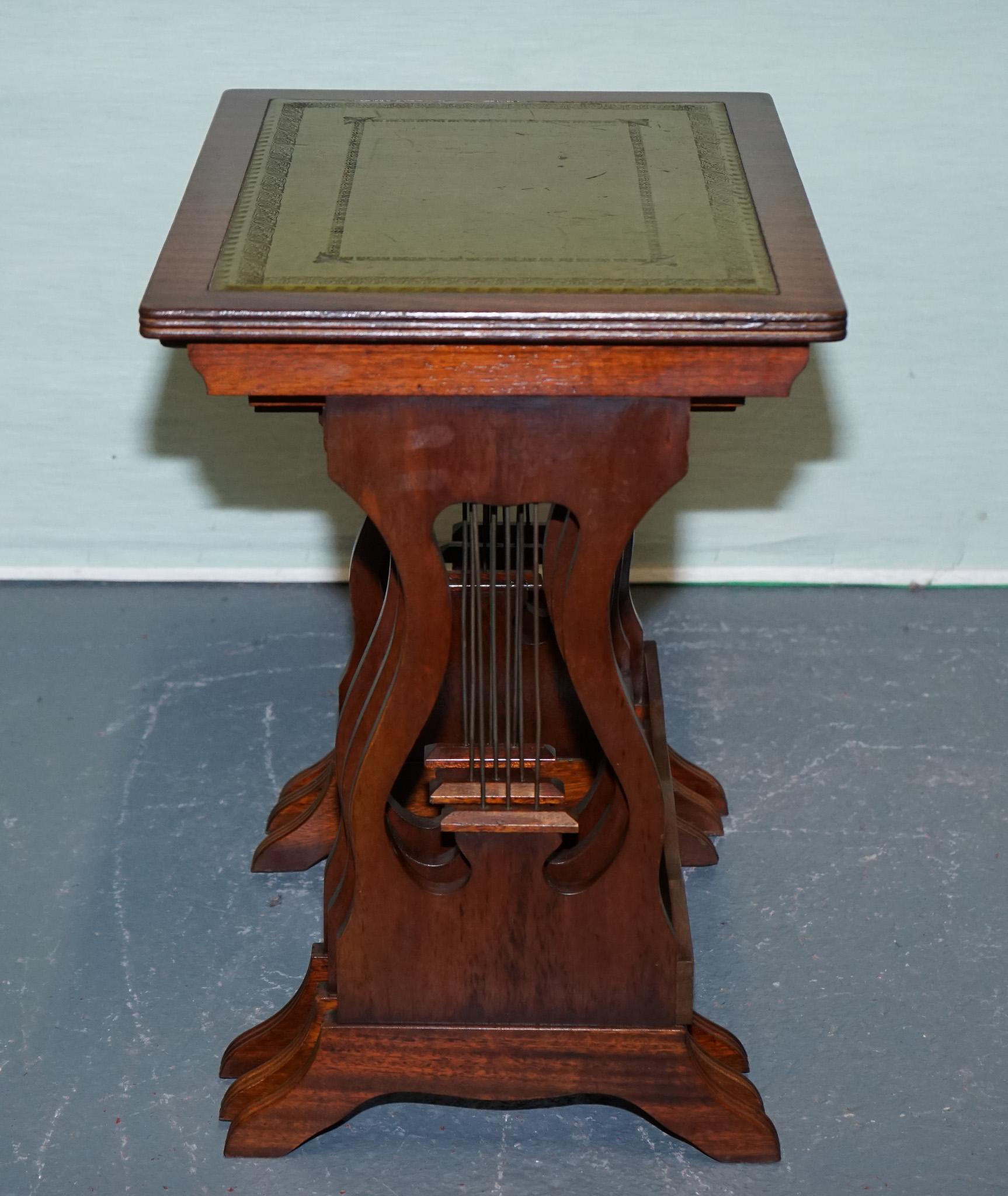 VINTAGE LYRE BASE GREEN LEATHER TOP NEST OF TABLES SiDE TABLES For Sale 4