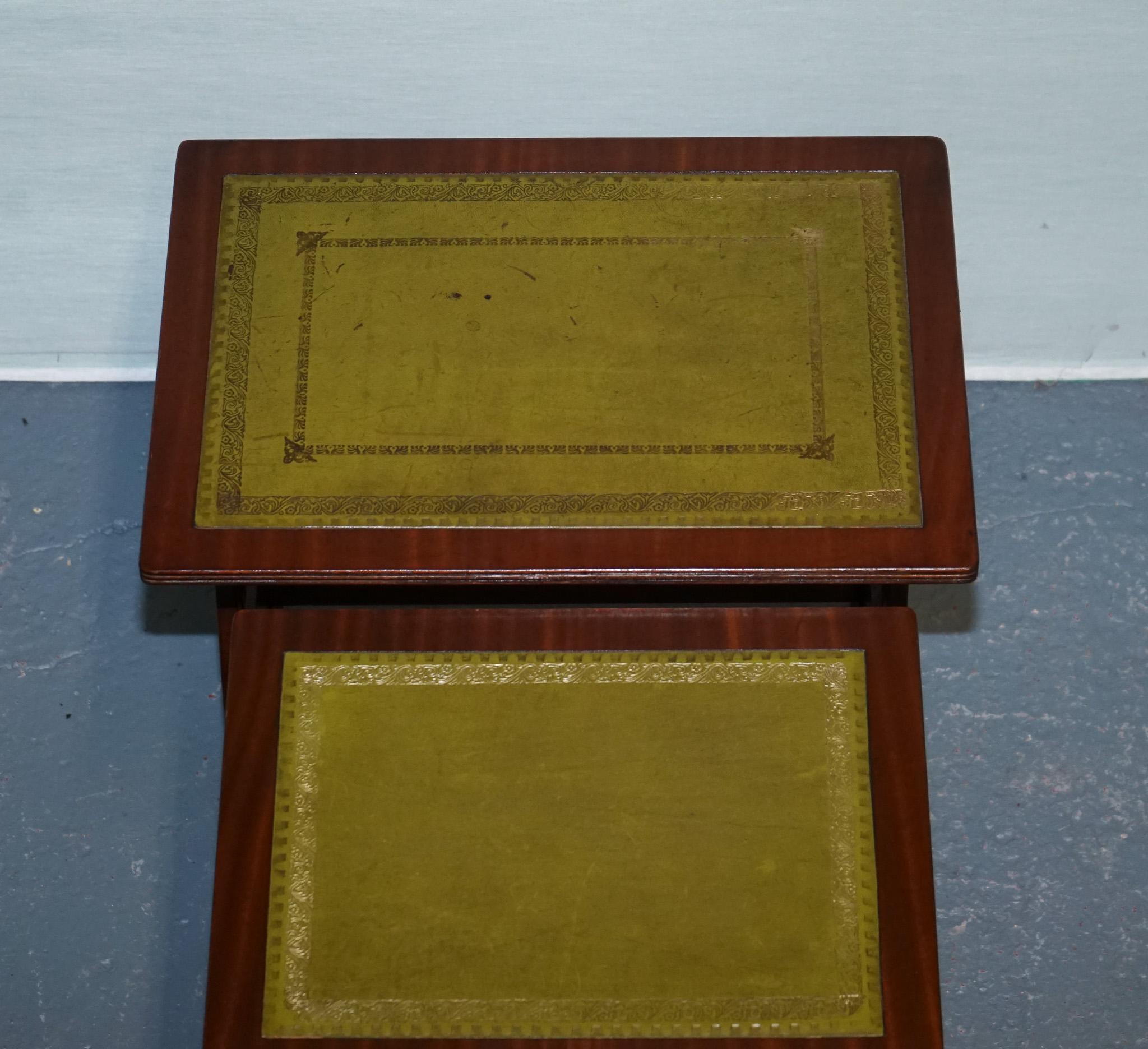 VINTAGE LYRE BASE GREEN LEATHER TOP NEST OF TABLES SiDE TABLES For Sale 6