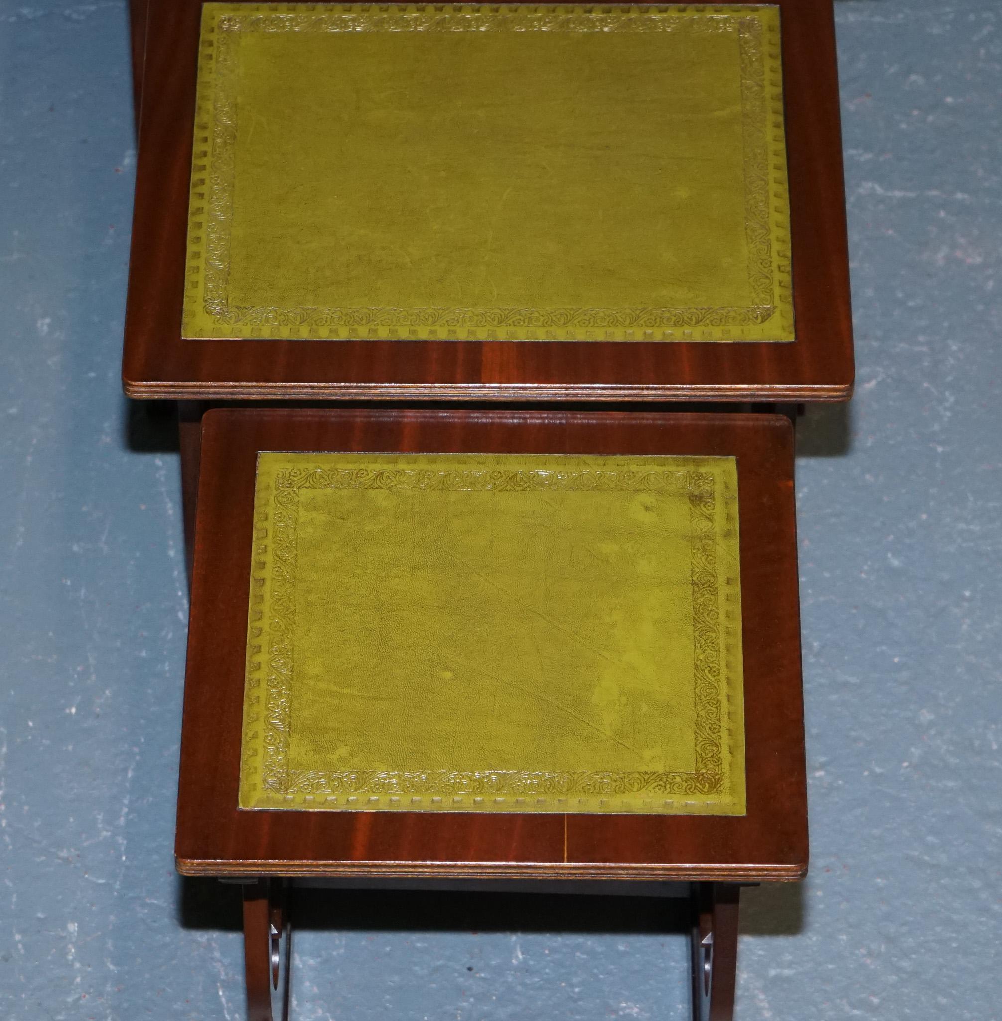 VINTAGE LYRE BASE GREEN LEATHER TOP NEST OF TABLES SiDE TABLES For Sale 7