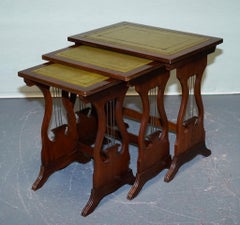 VINTAGE LYRE BASE GREEN LEATHER TOP NEST OF TABLES SiDE TABLES