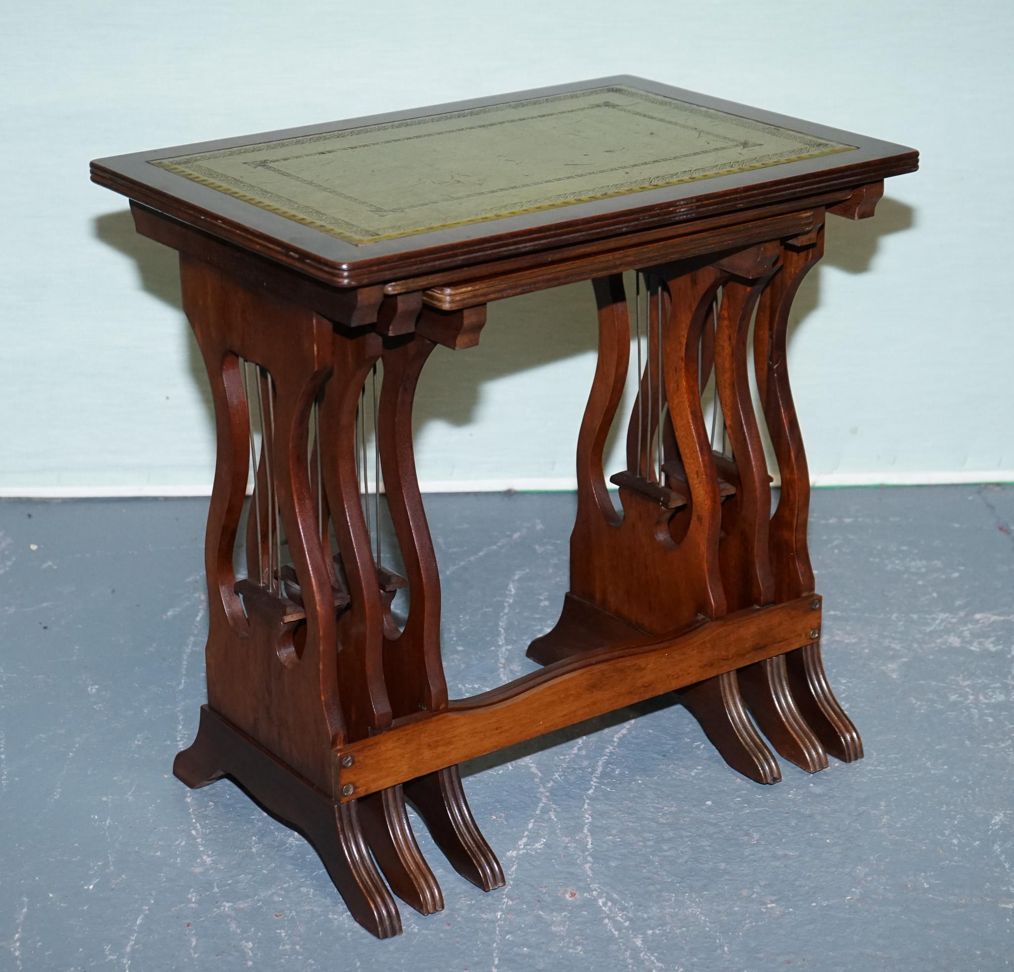 British VINTAGE LYRE BASE GREEN LEATHER TOP NEST OF TABLES SiDE TABLES For Sale