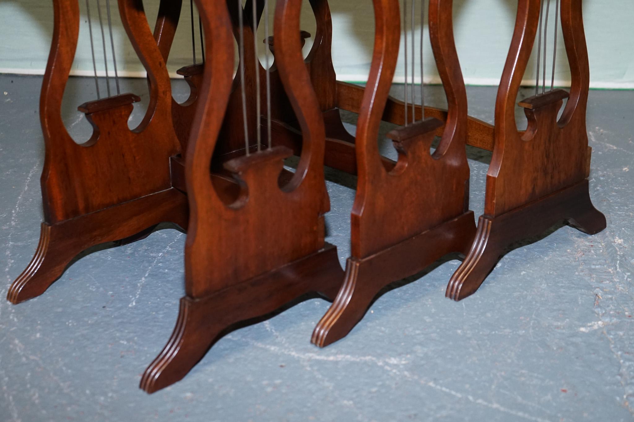 Hand-Crafted VINTAGE LYRE BASE GREEN LEATHER TOP NEST OF TABLES SiDE TABLES For Sale