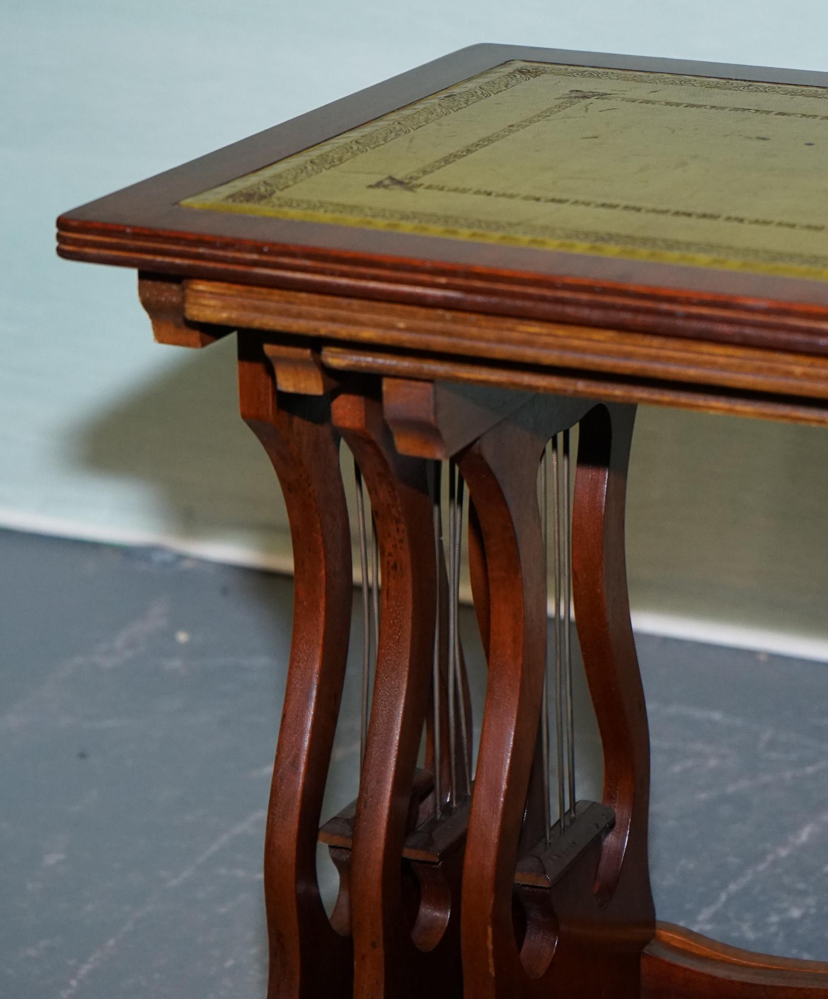 20th Century VINTAGE LYRE BASE GREEN LEATHER TOP NEST OF TABLES SiDE TABLES For Sale