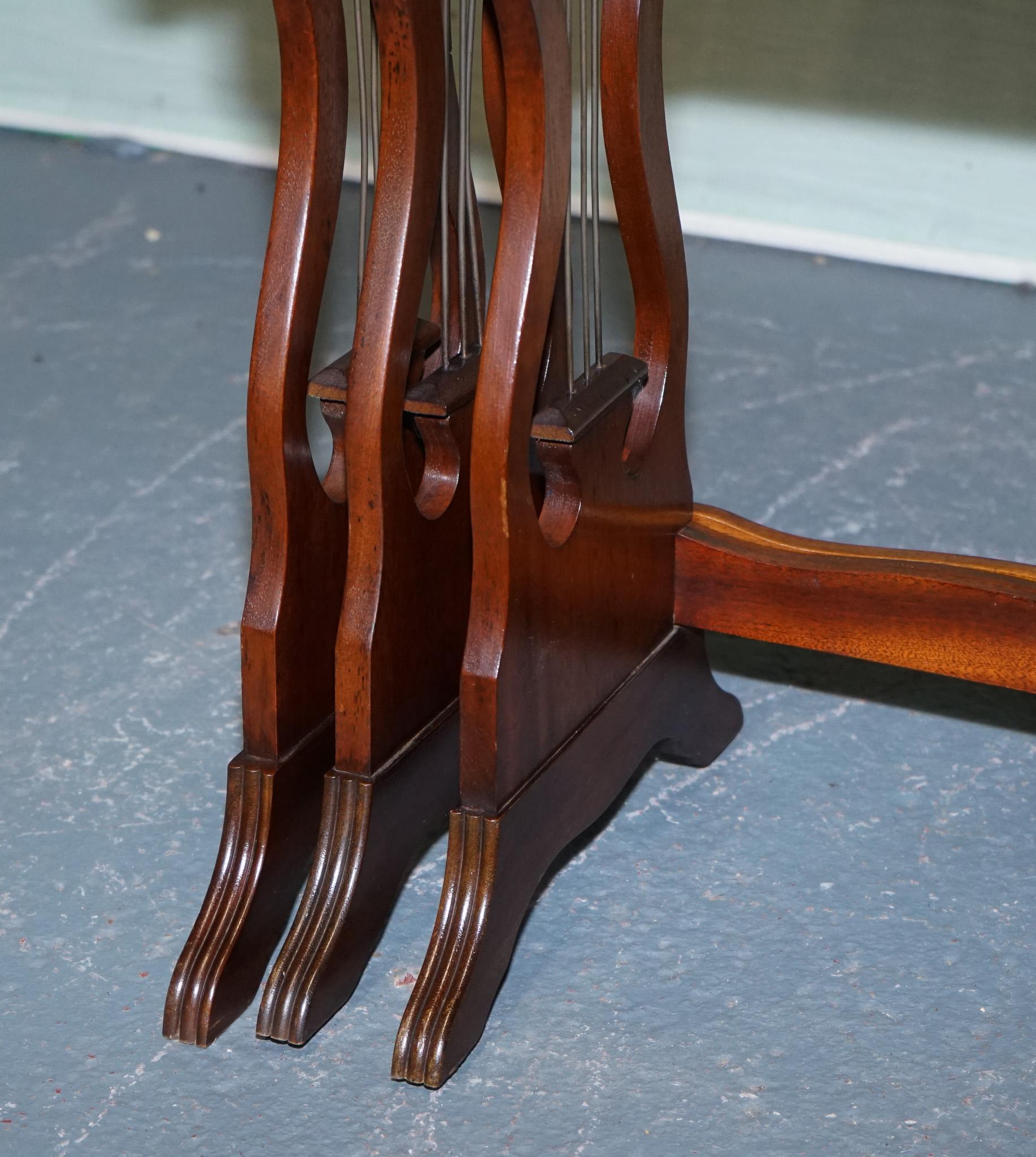 Leather VINTAGE LYRE BASE GREEN LEATHER TOP NEST OF TABLES SiDE TABLES For Sale