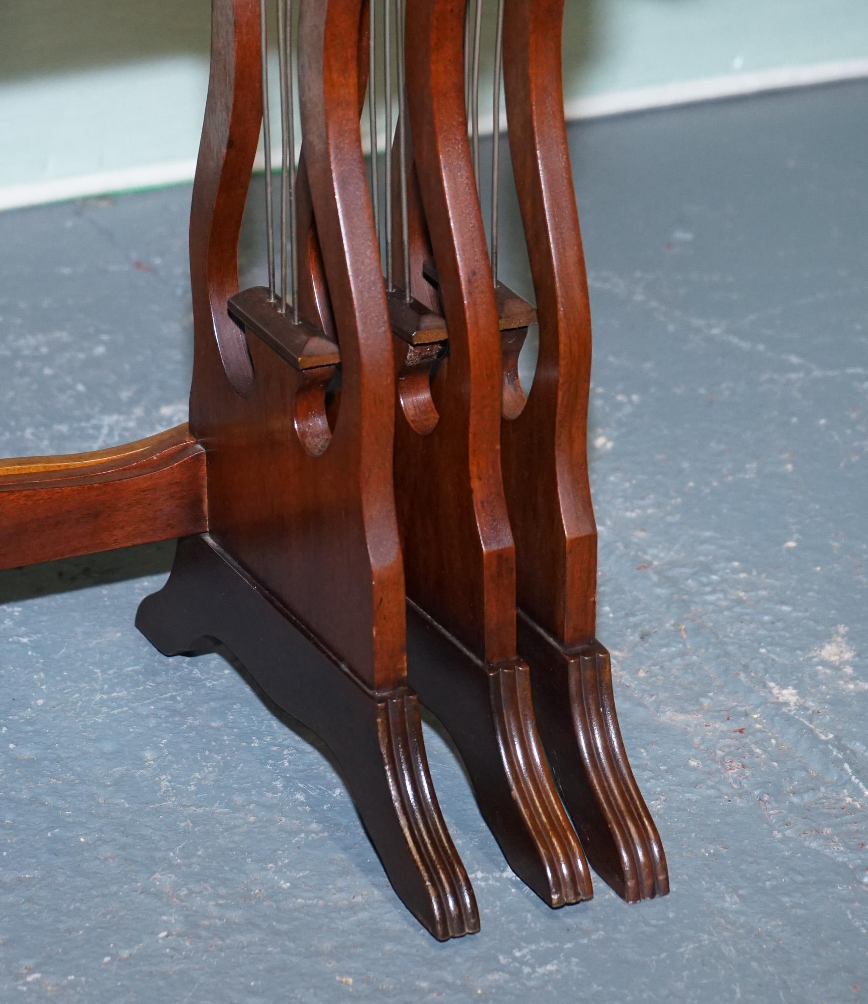 VINTAGE LYRE BASE GREEN LEATHER TOP NEST OF TABLES SiDE TABLES For Sale 1