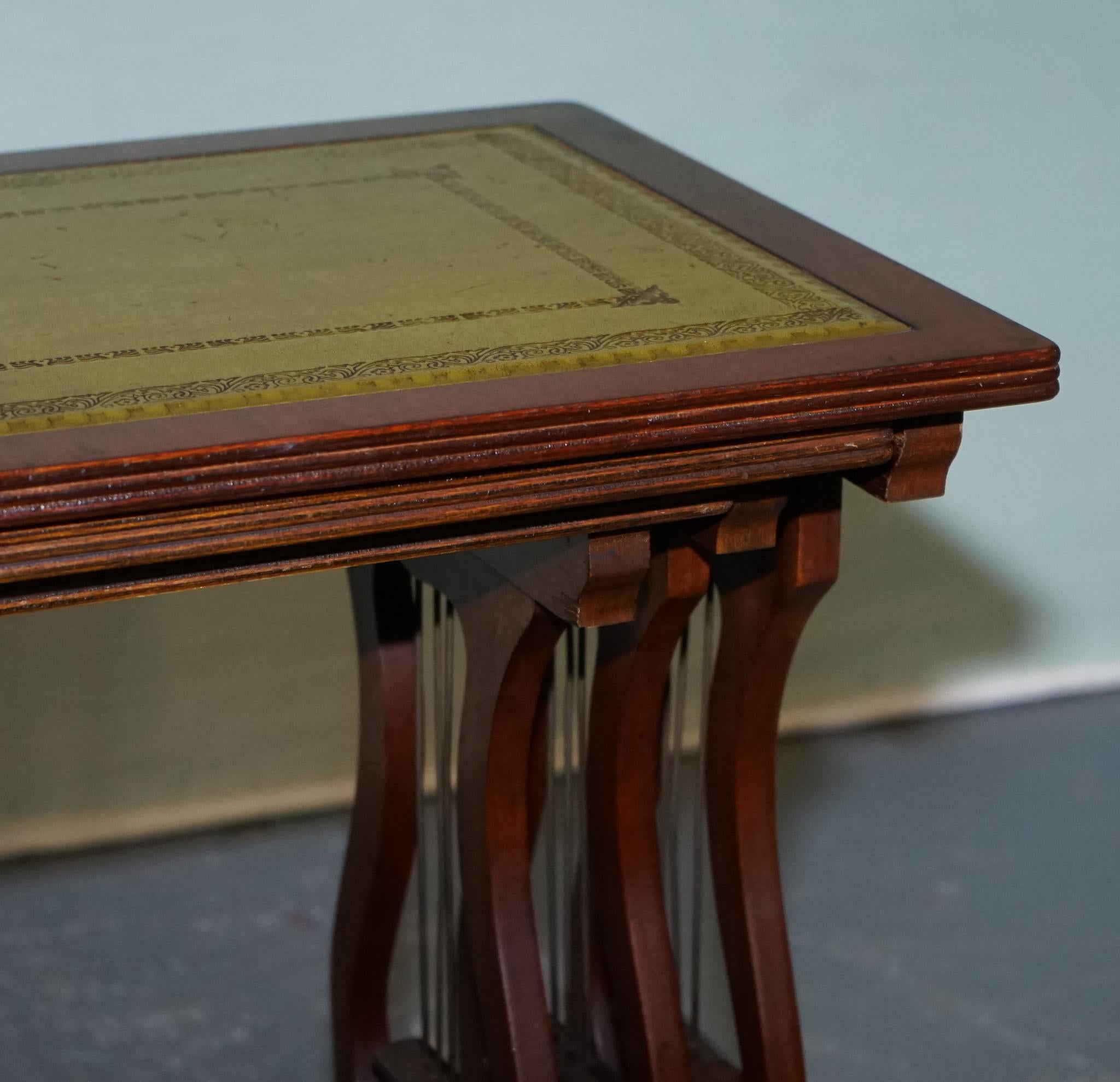 VINTAGE LYRE BASE GREEN LEATHER TOP NEST OF TABLES SiDE TABLES For Sale 2