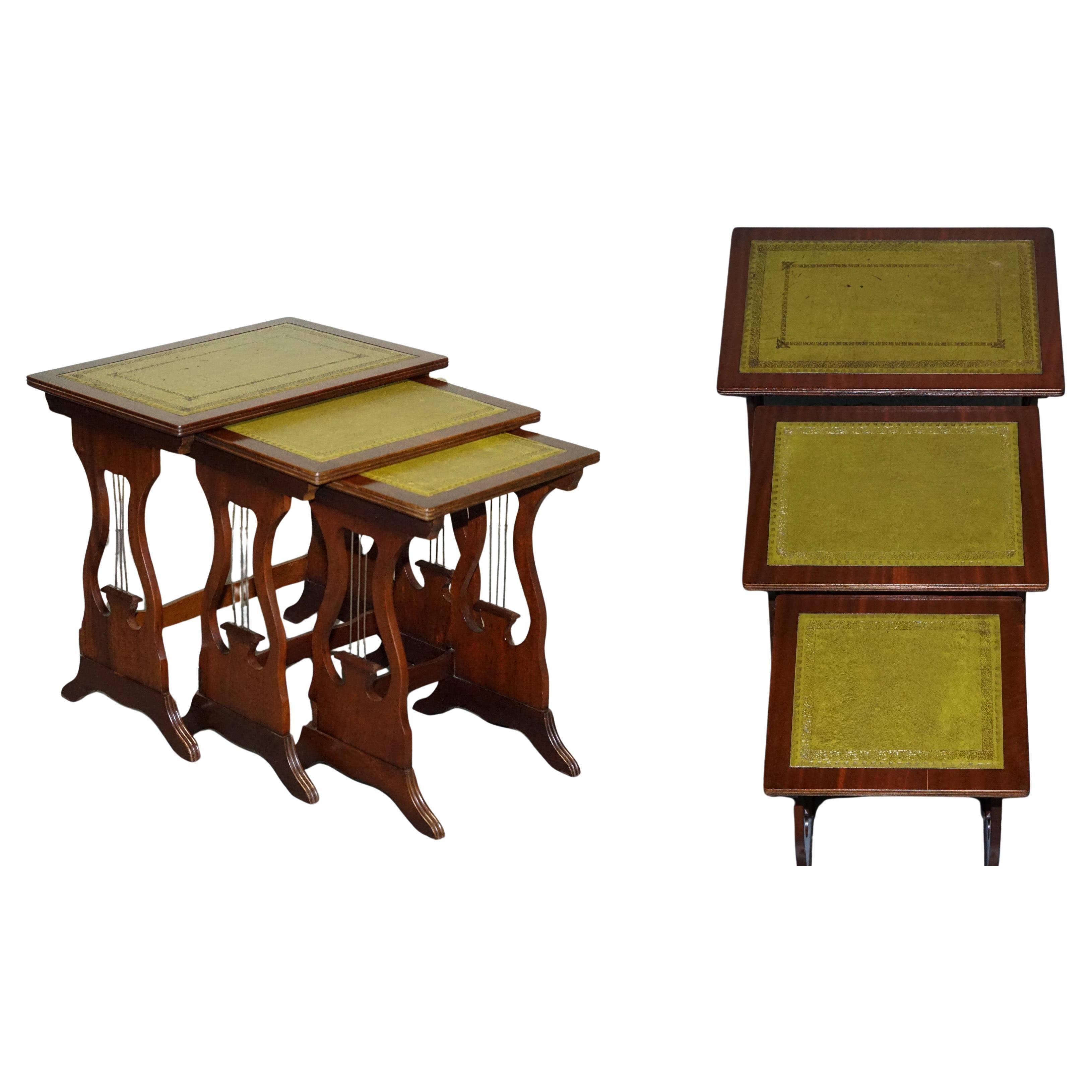 VINTAGE LYRE BASE GREEN LEATHER TOP NEST OF TABLES SiDE TABLES For Sale
