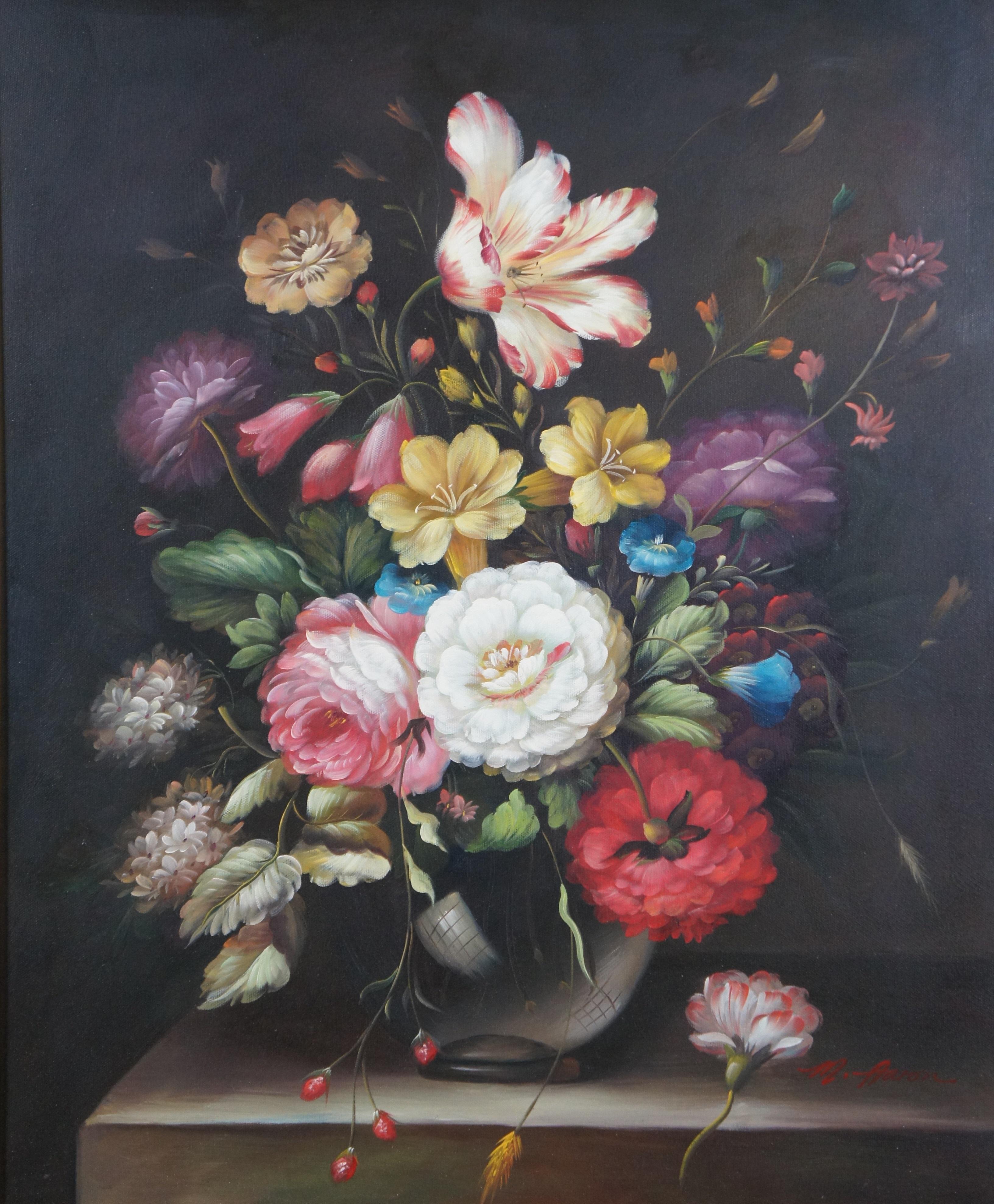 20th Century Vintage M Aaron Floral Botanical Bouquet Still Life Oil Painting on Canvas 31