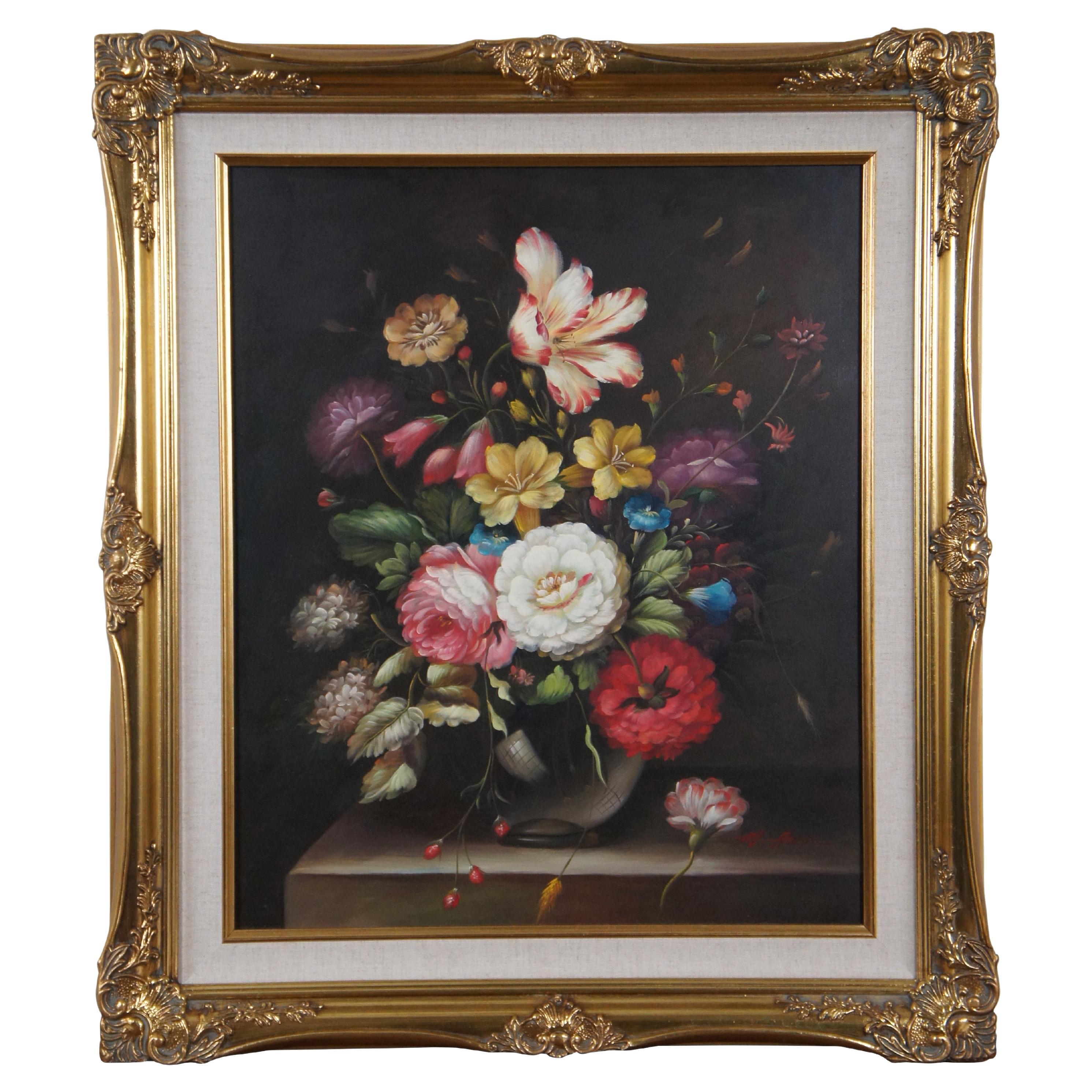 Vintage M Aaron Floral Botanical Bouquet Still Life Oil Painting on Canvas 31" For Sale