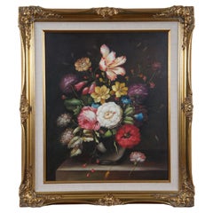 Vintage A&M Floral Botanical Bouquet Still Life Oil Painting on Canvas 31" (peinture à l'huile sur toile)