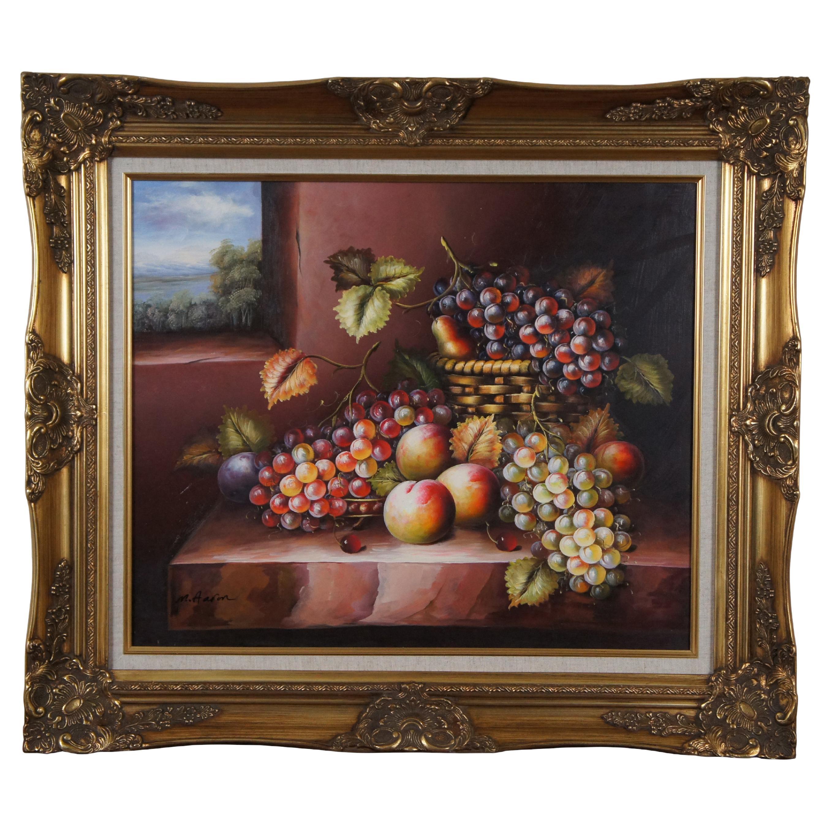 Vintage M Aaron Grapes Fruit Farmhouse Still Life Oil Painting on Canvas 32" For Sale