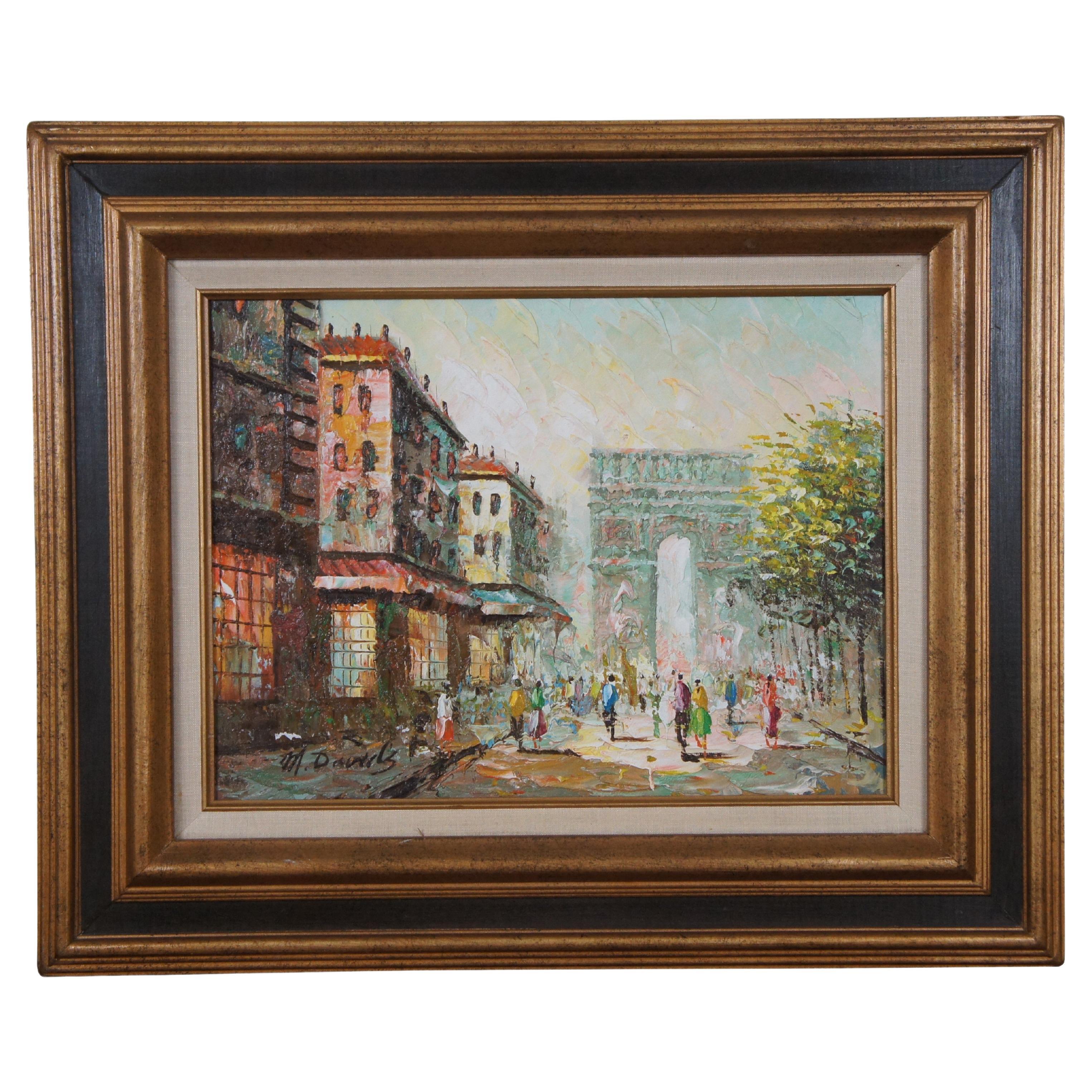 Vintage M. Davids Impressionniste Arc de Triomphe Paris Cityscape Peinture à l'huile 24 pouces en vente