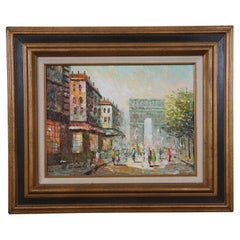 Vintage M. Davids Impressionniste Arc de Triomphe Paris Cityscape Peinture à l'huile 24 pouces