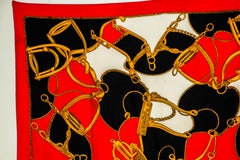 Vintage M J S PARIS Large Scarf with Equestrian Spurs Motif in Red Gold Black