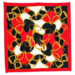 Vintage M J S PARIS Large Scarf with Equestrian Spurs Motif in Red Gold Black