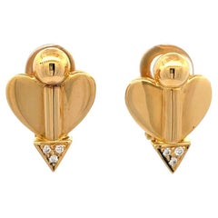 Vintage M. P. Quercy Diamond 18 Karat Yellow Gold Heart Arrow Earrings