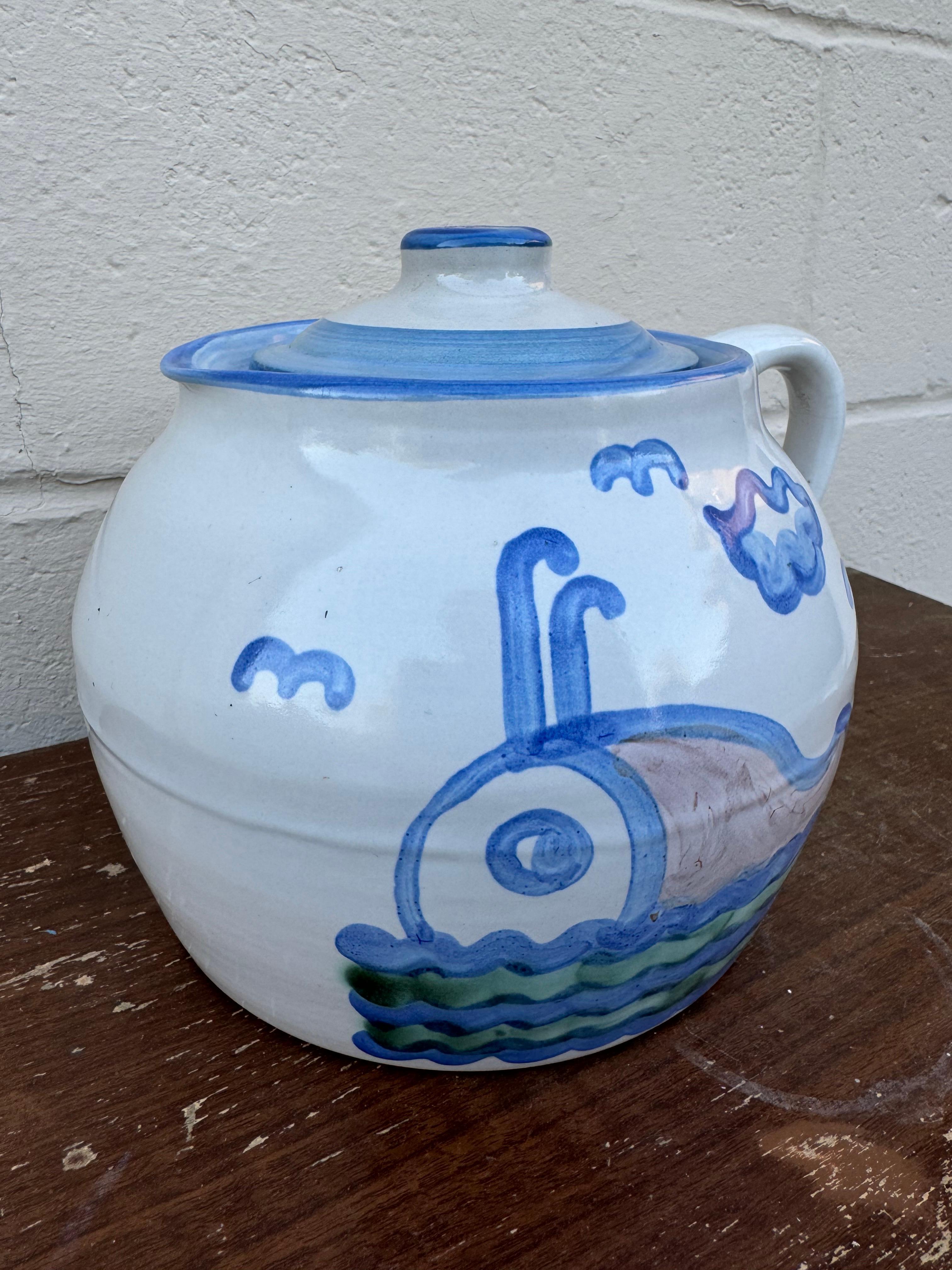 Vintage M.A. Hadley Hand Painted Bean Pot Cookie Jar With Whale Design In Good Condition In San Carlos, CA