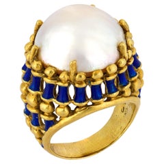 Bague de cocktail vintage en or jaune 18k et émail bleu avec perles de Mabé