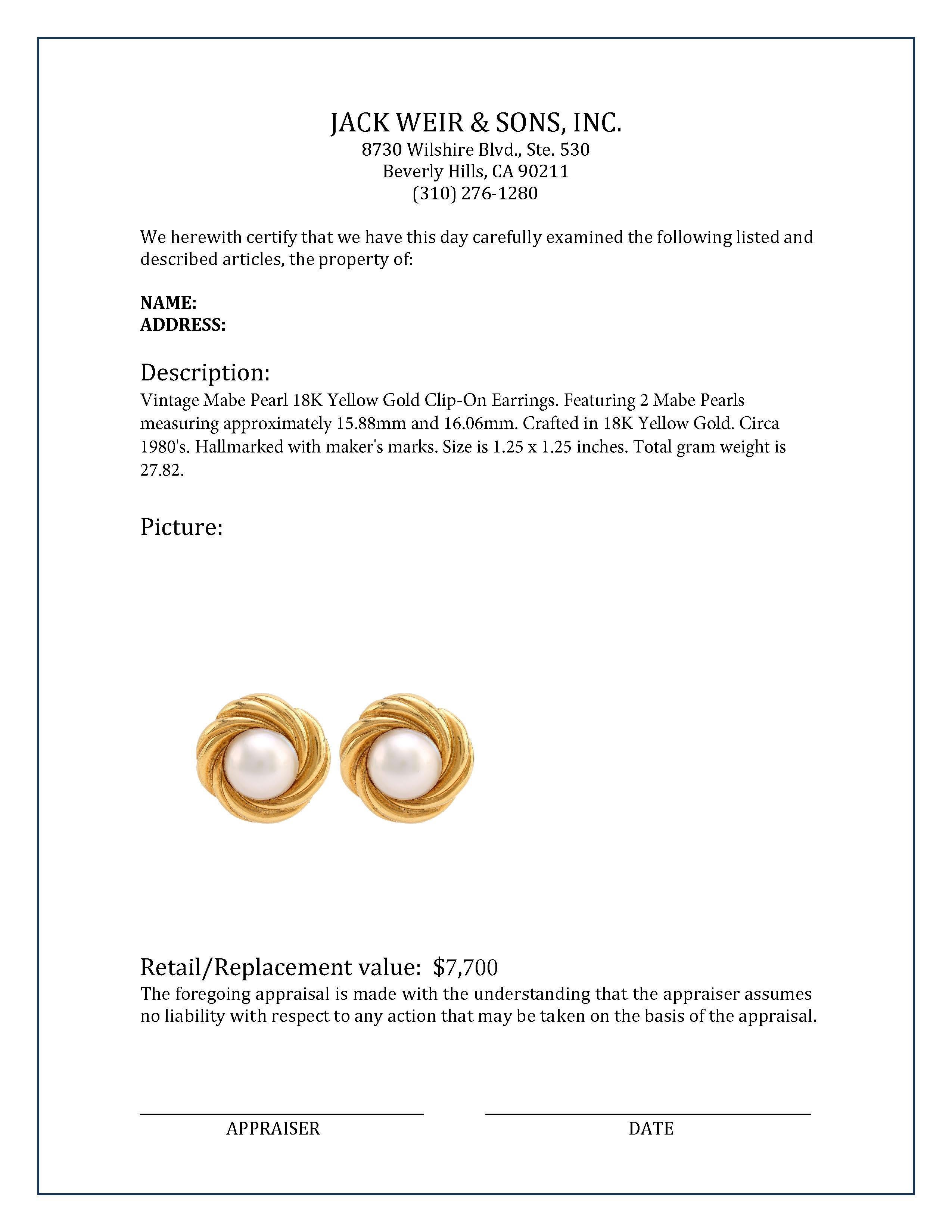 Vintage Mabe Pearl 18K Yellow Gold Clip On Earrings In Excellent Condition For Sale In Beverly Hills, CA