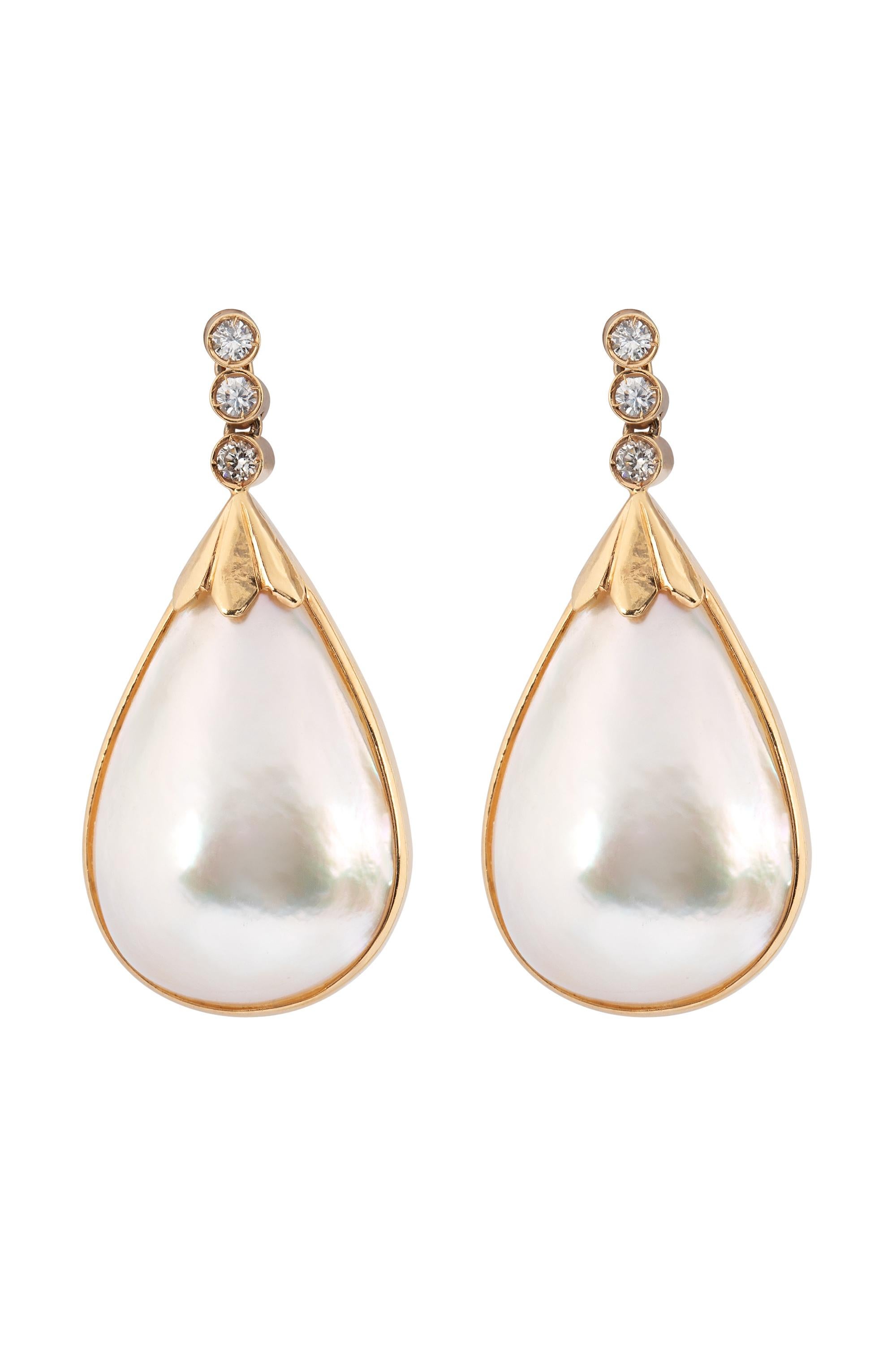 Round Cut Vintage Mabé Pearl and Diamond Drop Earrings For Sale