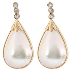 Used Mabé Pearl and Diamond Drop Earrings