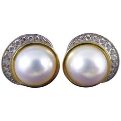 Vintage Mabe Pearl and Diamond Earrings, 18ct Yellow Gold, for Pierced Ears