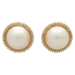 Vintage Mabe Pearl and Diamond Earrings Set in 18k Yellow Gold