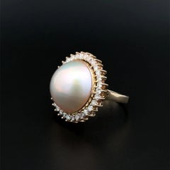 Vintage Mabe Pearl and Diamond Gold Cocktail Ring Estate Fine Jewelry