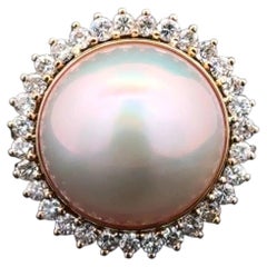 Vintage Mabe Pearl and Diamond Gold Cocktail Ring Estate Fine Jewelry
